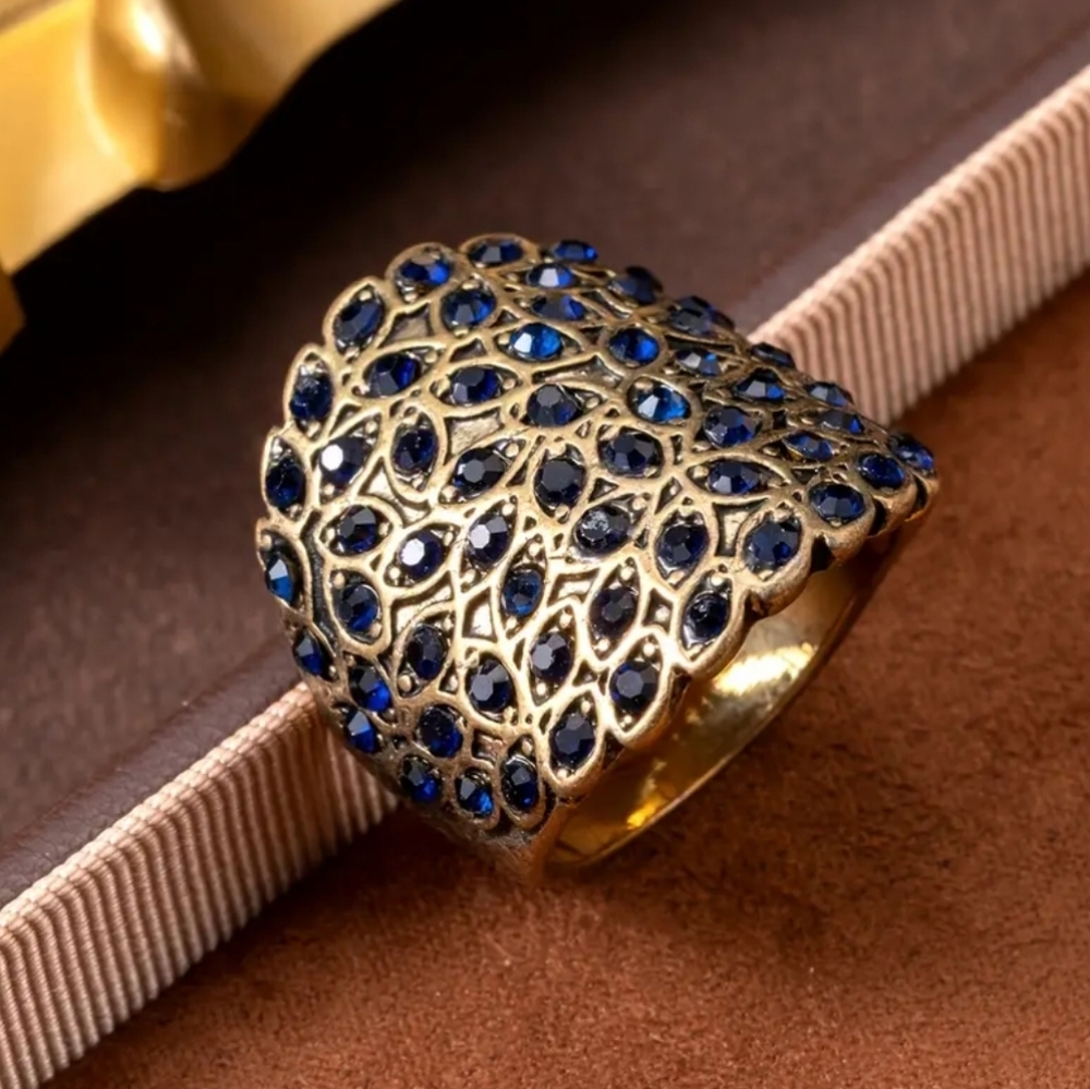 Gold Ring with Deep Blue Crystal Pavé Accents